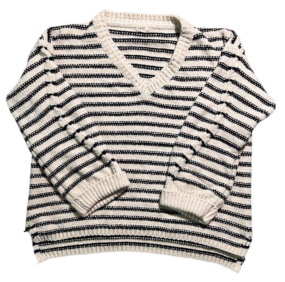O & O Embellished Sleeve V-Neck Cream & Navy Striped Oversized Sweater Small